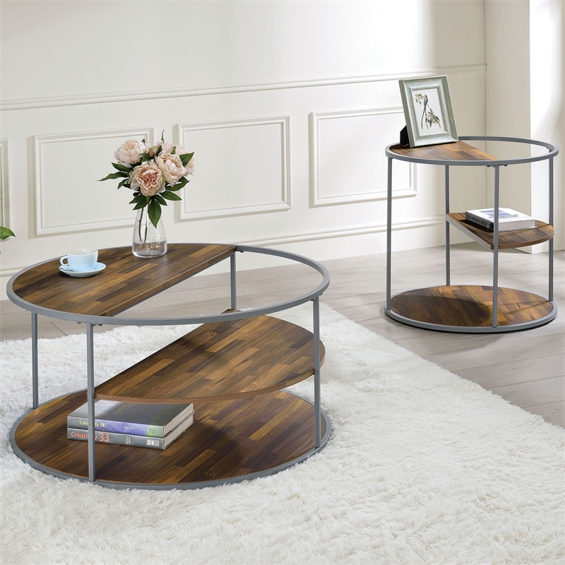 Furniture of America Marquesa Wood Round 2-Piece Coffee Table Set in Gray