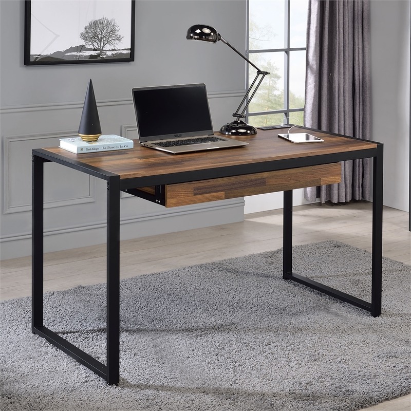 Furniture of America Marra Wood Writing Desk with USB in Sand Black and Natural