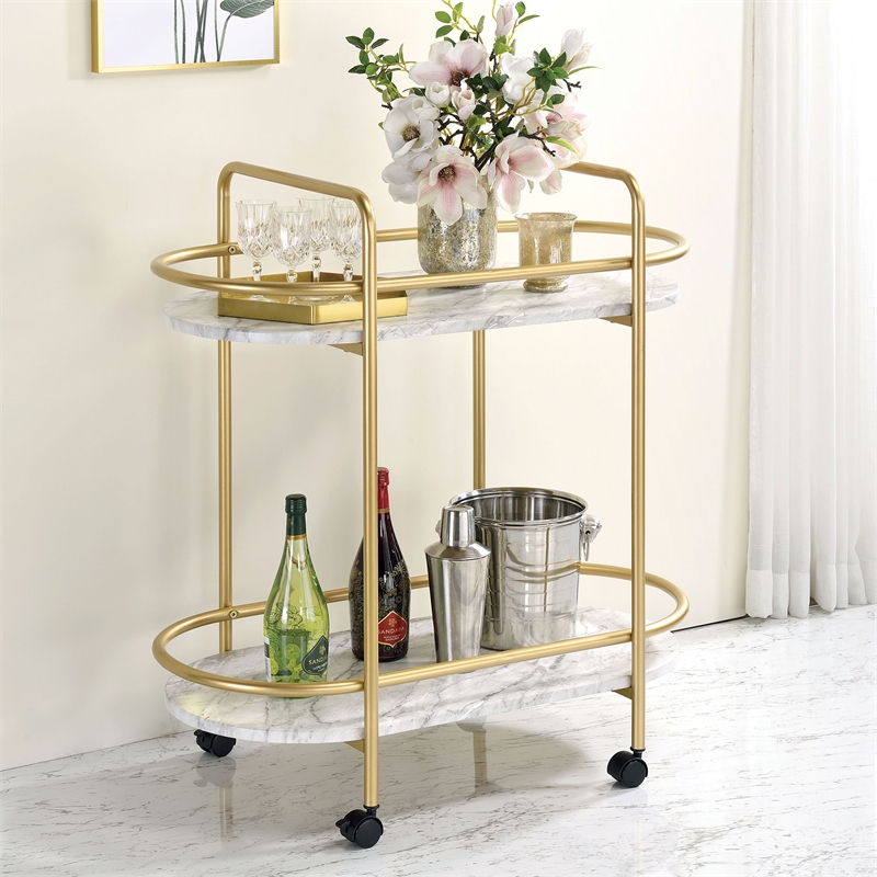 Furniture of America Delli Modern Metal 2-Shelf Serving Cart in Gold and White