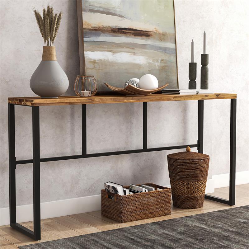 Furniture of America Dimbe Rustic Metal Leg Console Table in Natural Oak Cymax Business