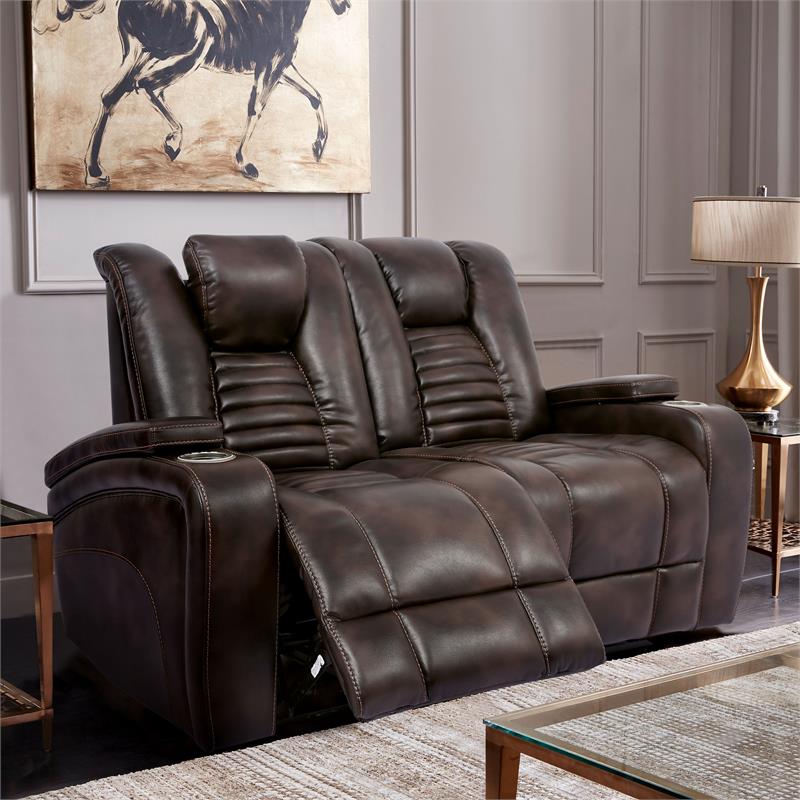 Furniture of America Meti Faux Leather Reclining Loveseat in Dark Brown