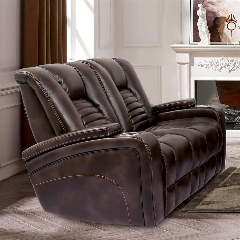 Furniture of America Meti Faux Leather Reclining Loveseat in Dark Brown