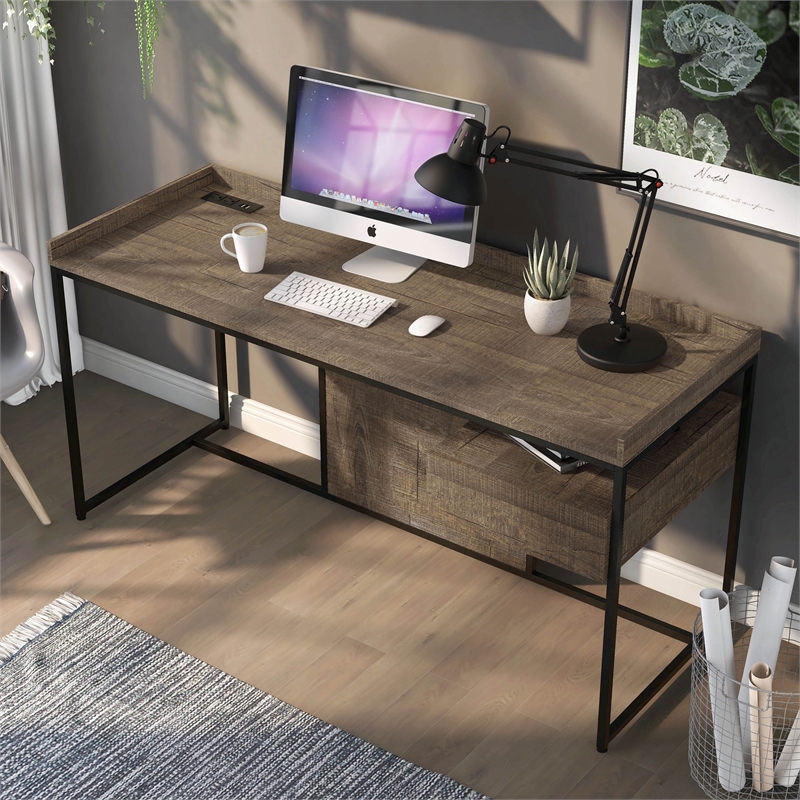 Furniture of America Trela Wood Writing Desk with USB Plug in Oak