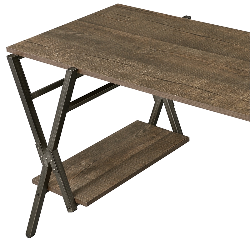 Furniture of America Carti Rustic Wood 2-Shelf Writing Desk in Oak and Gun Metal
