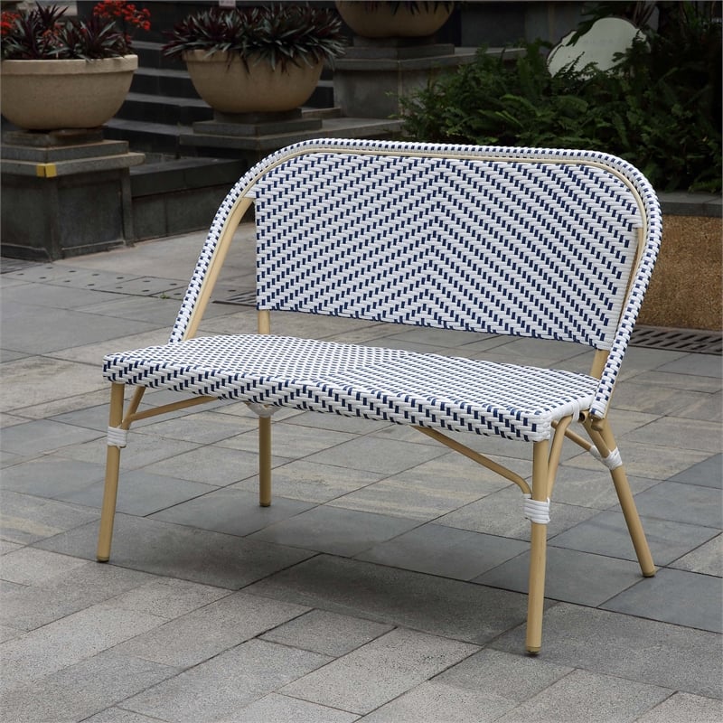 Furniture of America Devey PE Wicker/Aluminum Patio Loveseat Bench Navy/Natural