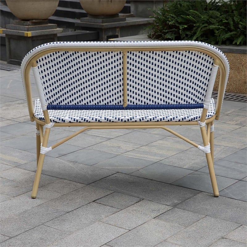 Furniture of America Devey PE Wicker/Aluminum Patio Loveseat Bench Navy/Natural