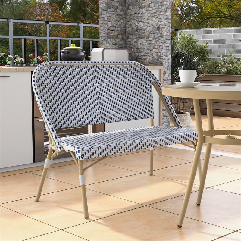 Furniture of America Devey PE Wicker/Aluminum Patio Loveseat Bench Navy/Natural