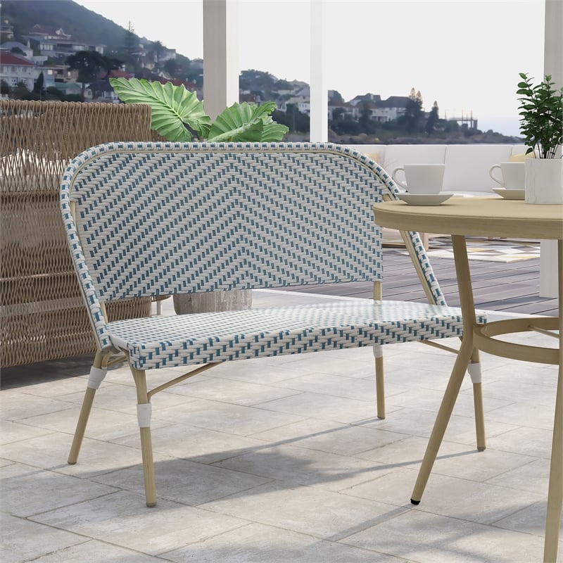 Furniture of America Devey Modern Aluminum Patio Loveseat Bench in Blue