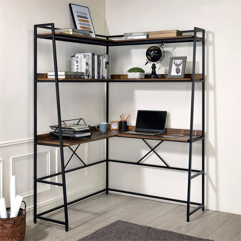 Furniture of America Narvay Metal Corner Writing Desk with USB in Brown