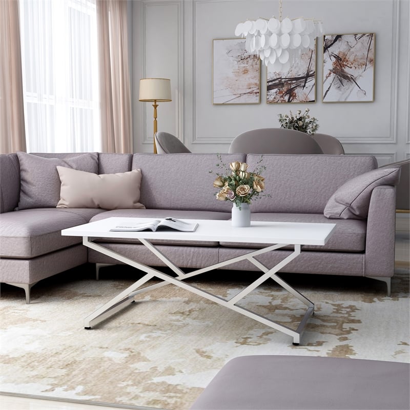 Furniture of America Mergo Wood Rectangular Coffee Table in Chrome and White