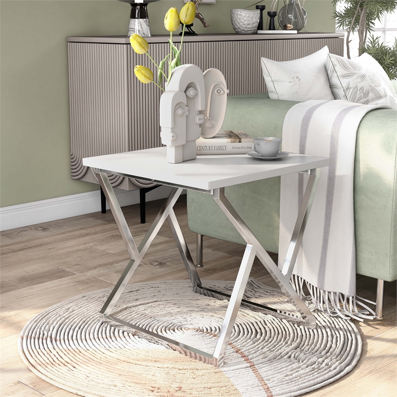 Furniture of America Mergo Wood Square End Table in Chrome and White