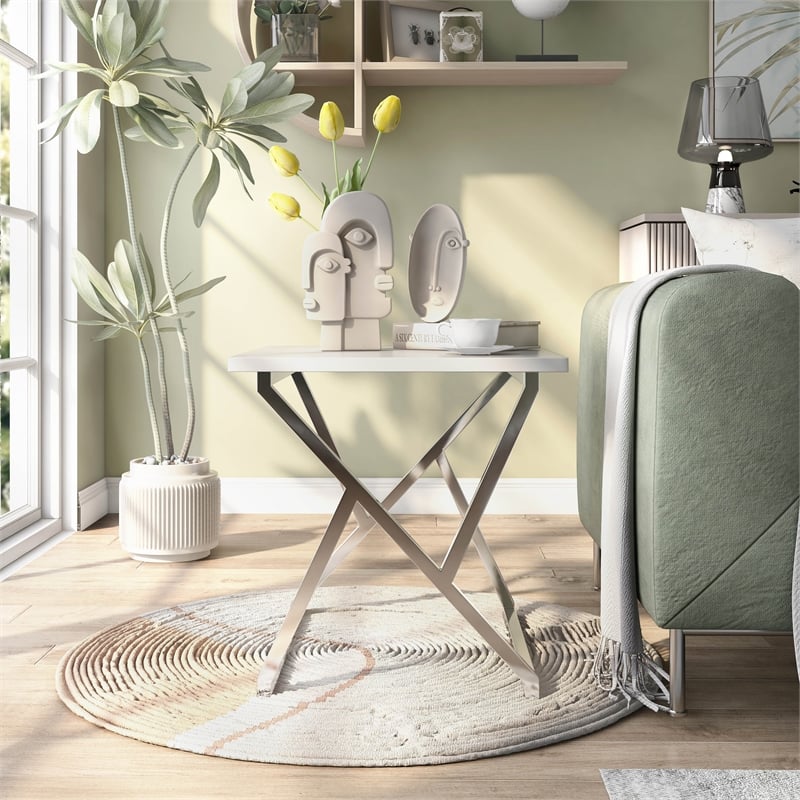 Furniture of America Mergo Wood Square End Table in Chrome and White