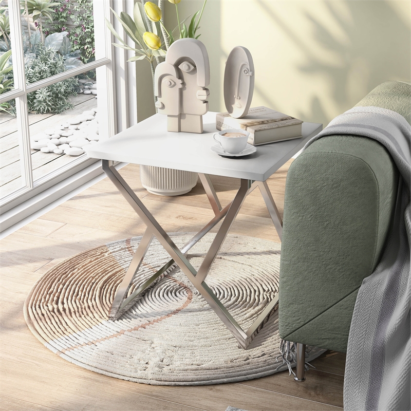 Furniture of America Mergo Wood Square End Table in Chrome and White