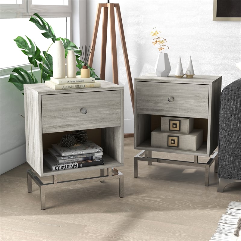 Furniture of America Lyn Wood End Table with USB Port in Light Gray (Set of 2)