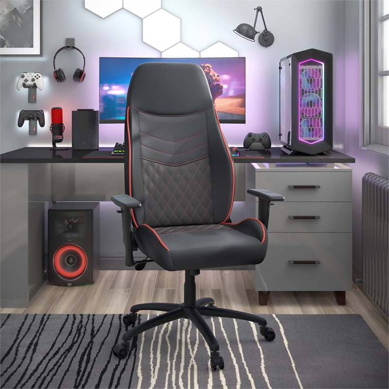 Furniture of America Aguil Faux Leather Adjustable Gaming Chair in Black & Red