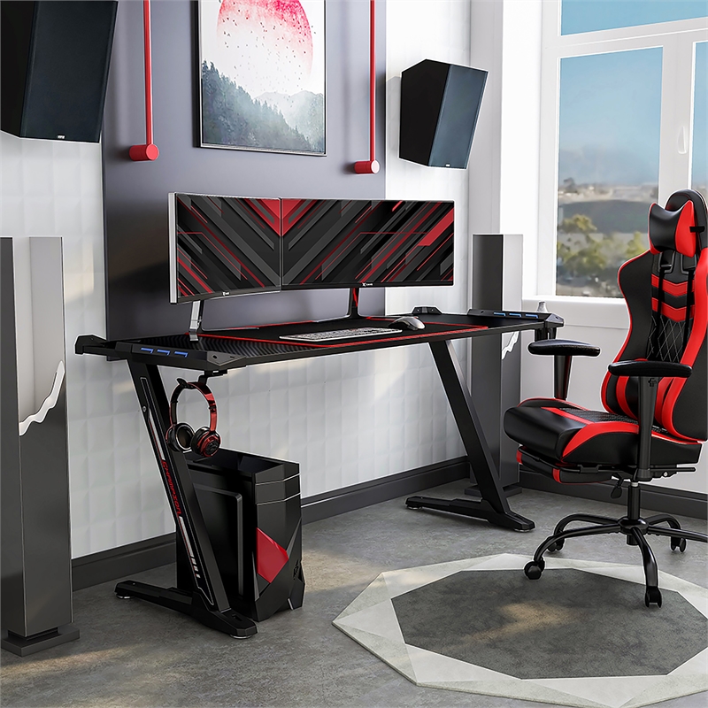 Furniture of America Almly Modern Metal Gaming Desk with Outlets in Black