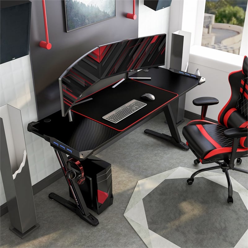 Furniture of America Almly Modern Metal Gaming Desk with Outlets in Black