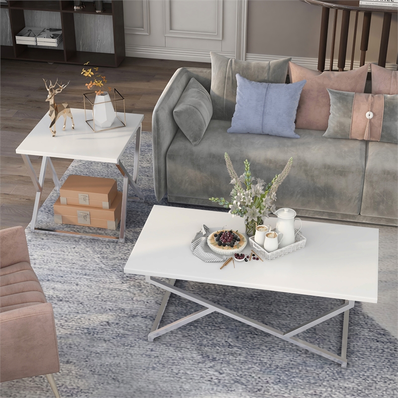 Furniture of America Mergo Contemporary Metal 2-Piece Coffee Table Set in White