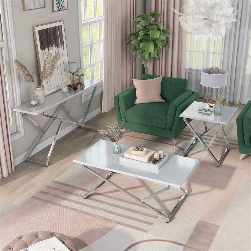 Furniture of America Mergo Contemporary Metal 3-Piece Coffee Table Set in White