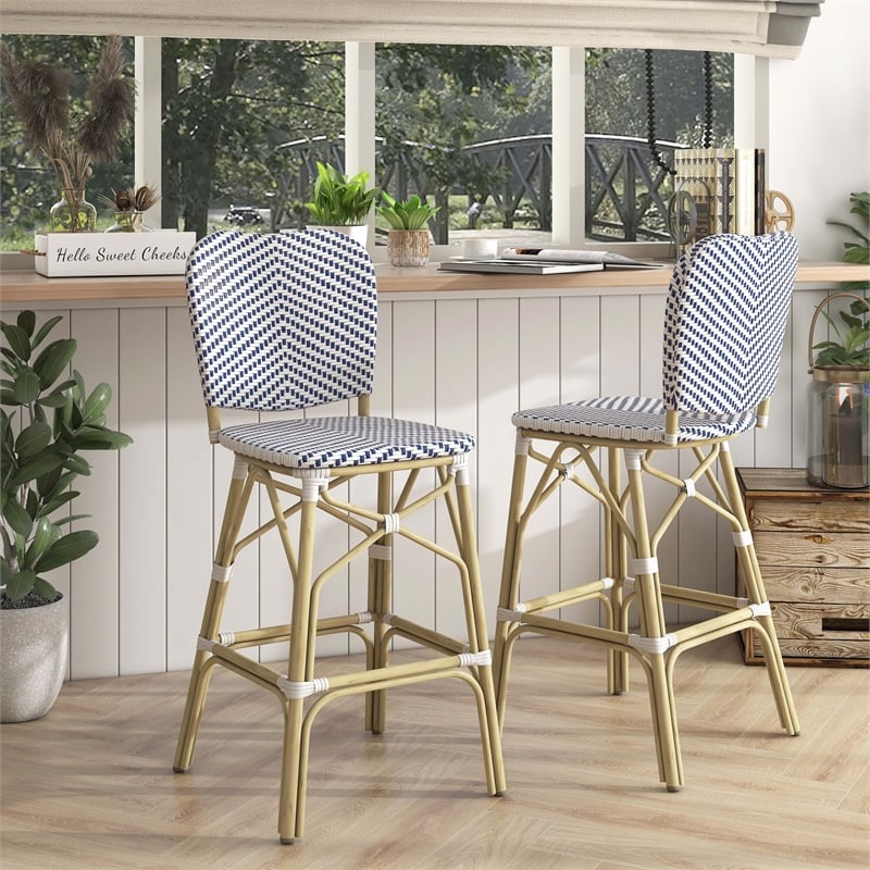 Furniture of America Adino Aluminum Patio Bar Chair in Navy (Set of 2)