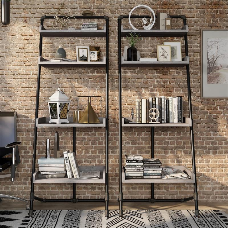 Furniture of America Karin Wood Bookshelf in Vintage Gray Oak Set of 2