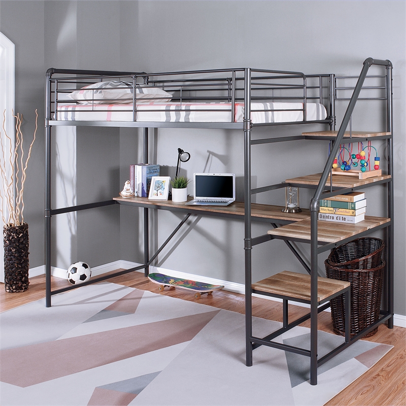 Furniture of America Pico Metal Twin Loft Bed with Workstation in Sand Black
