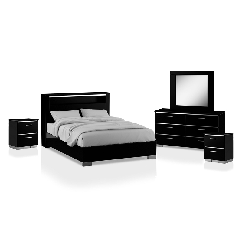 FOA Ryant 5pc Black Wood Bedroom Set - King + 2 Nightstands + Dresser + Mirror