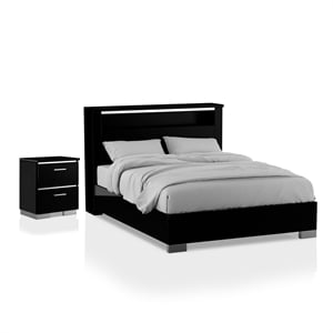 FOA Ryant Contemporary 2-Piece Black Wood Bedroom Set - Queen + Nightstand