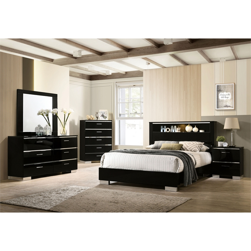 FOA Ryant 5pc Black Wood Bedroom Set - Queen + 2 Nightstands + Dresser + Mirror