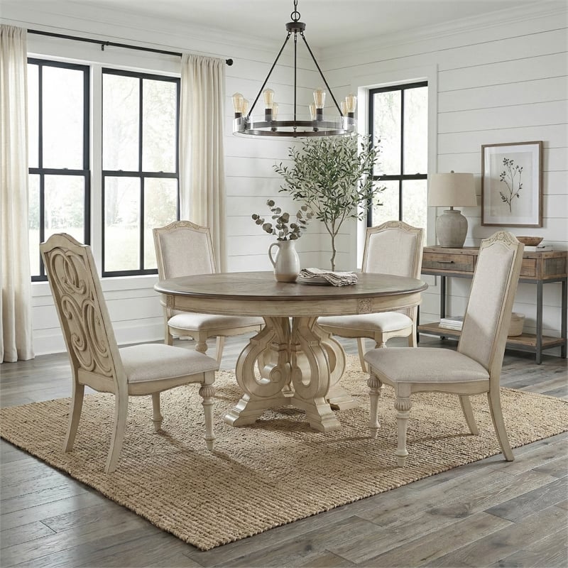 Furniture of America Clyde Wood 5-Piece Round Dining Table Set in Antique White