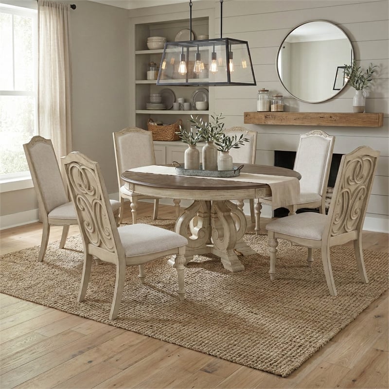 Furniture of America Clyde Wood 7-Piece Round Dining Table Set in Antique White