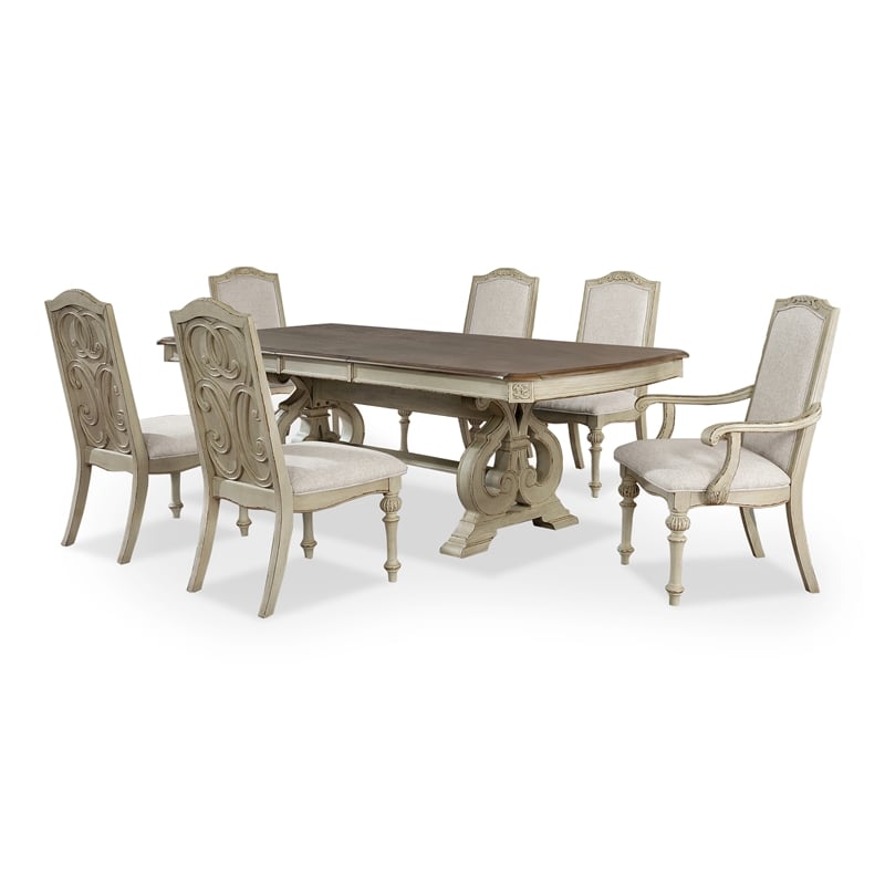 Furniture of America Clyde Wood 7-Piece Dining Table Set in Antique White
