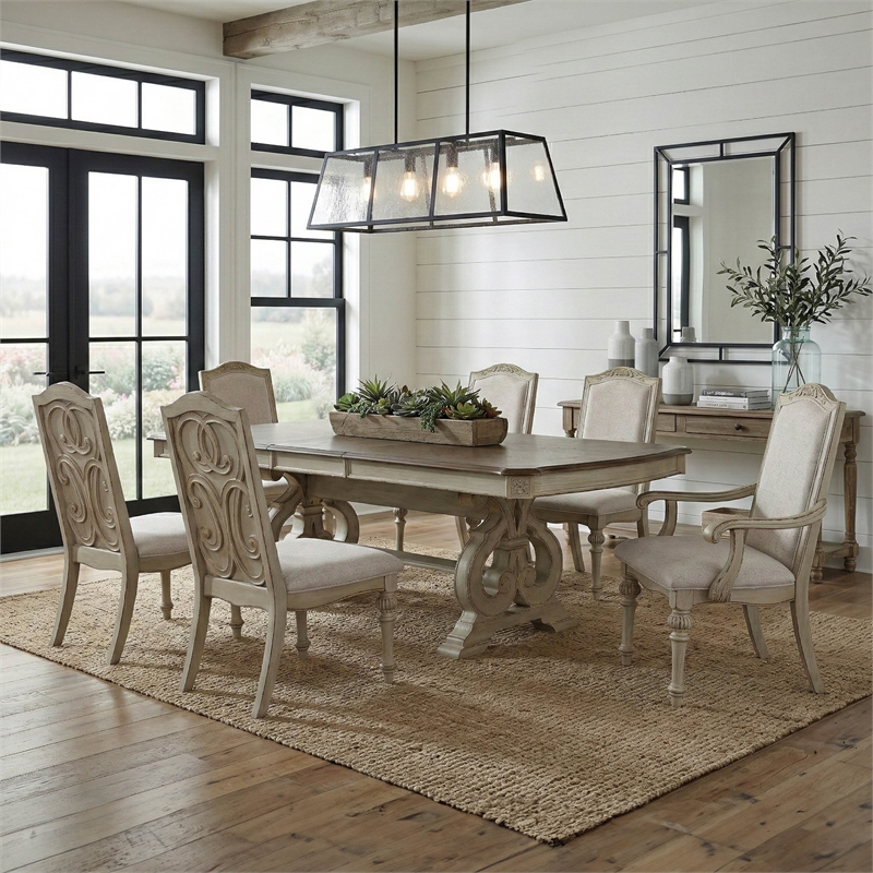Furniture of America Clyde Wood 7-Piece Dining Table Set in Antique White