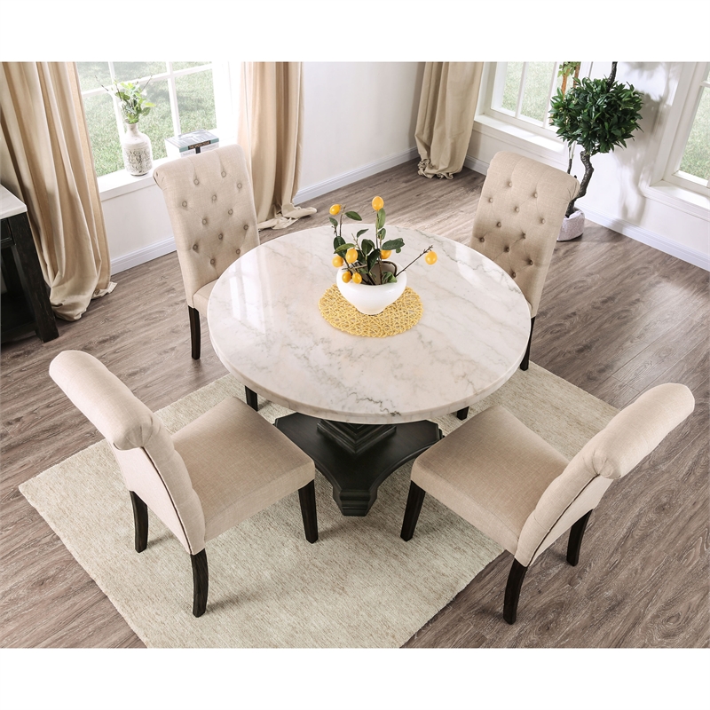 Furniture of America Rossas Wood 5-Piece Round Dining Table Set in Ivory