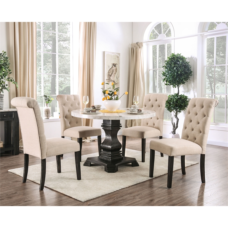 Furniture of America Rossas Wood 5-Piece Round Dining Table Set in Ivory
