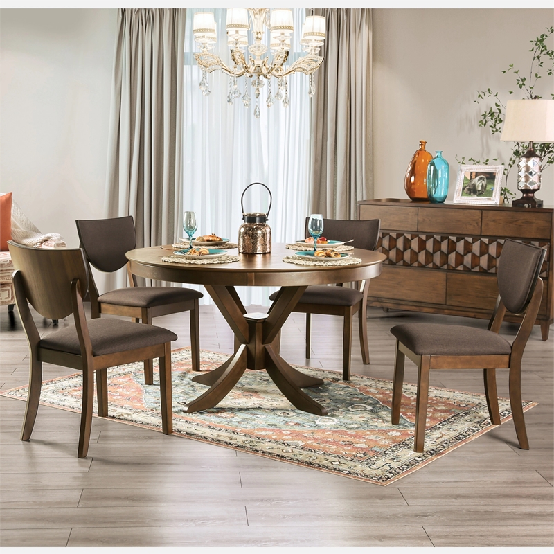 Furniture of America Elsin Wood 5-Piece Round Dining Table Set in Walnut