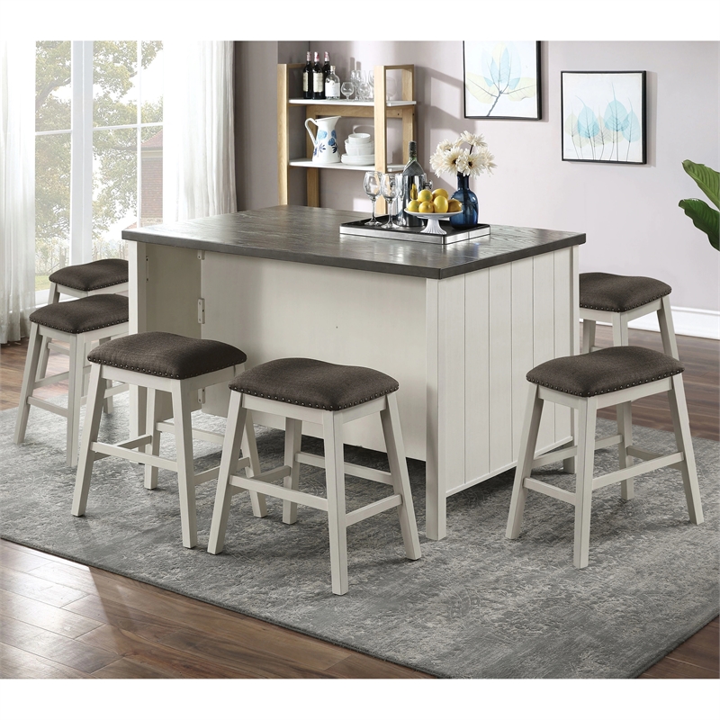 Furniture of America Ablania Wood 7-Piece Counter Dining Table Set in Off White