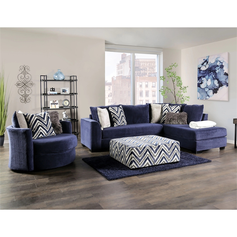 Furniture of America Farella Microfiber Sectional with Chair in Navy Blue