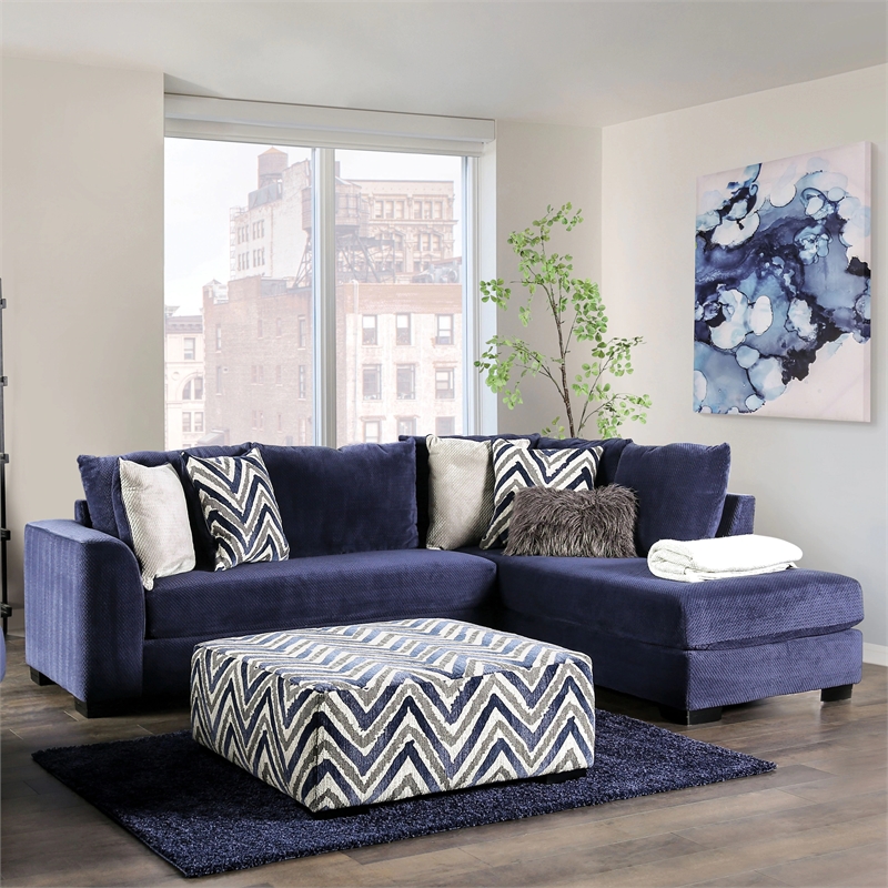 Furniture of America Farella Microfiber Sectional with Chair in Navy Blue
