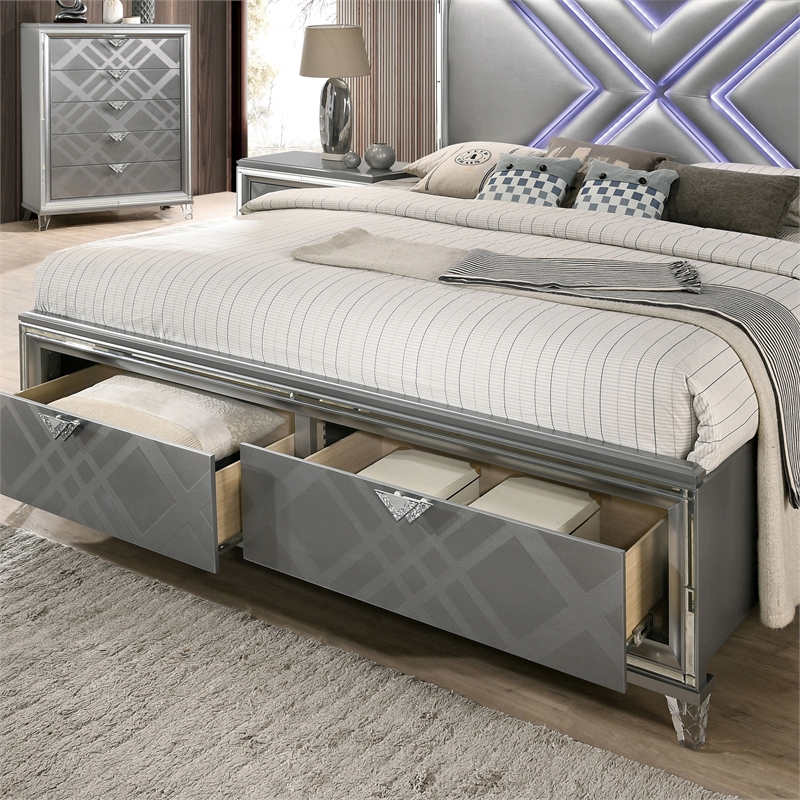 FOA Anaiya 3-Piece Silver Solid Wood Bedroom Set - King + 2 Nightstands
