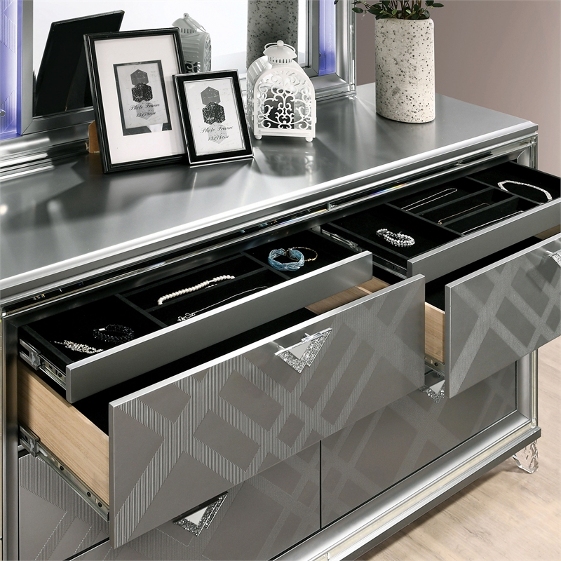 FOA Anaiya 5pc Silver Wood Bed Set - King + 2 Nightstands + Dresser + Mirror