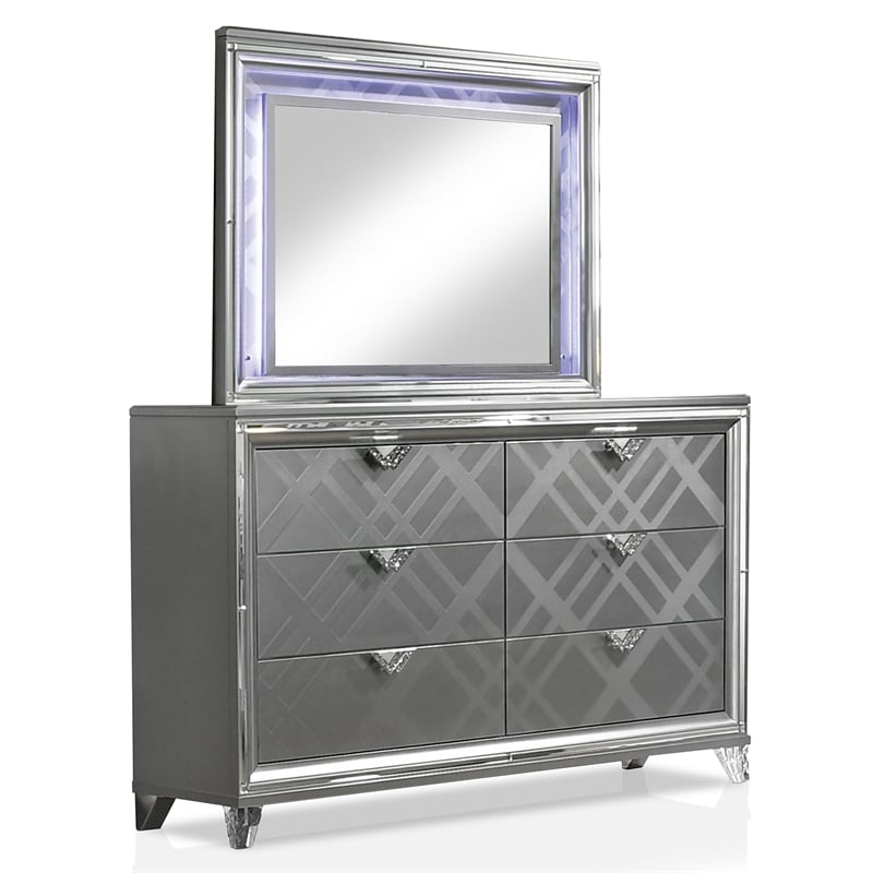 FOA Anaiya 5pc Silver Wood Bed Set - King + 2 Nightstands + Dresser + Mirror