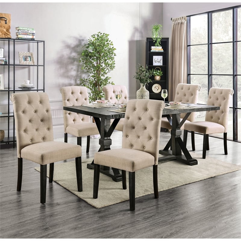 Furniture of America Castore Rustic Wood 7-Piece Dining Table Set in Ivory