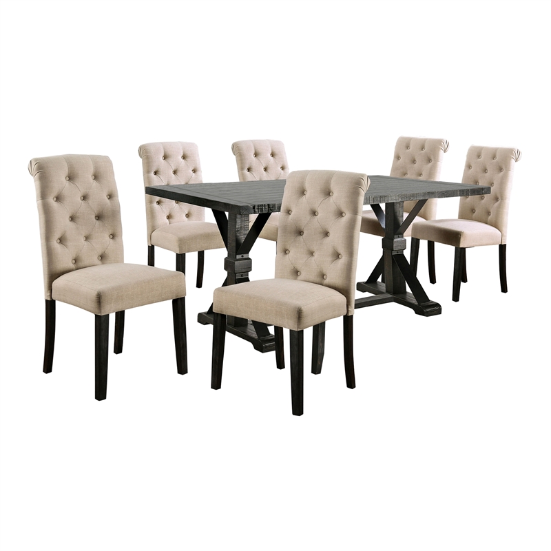 Furniture of America Castore Rustic Wood 7-Piece Dining Table Set in Ivory