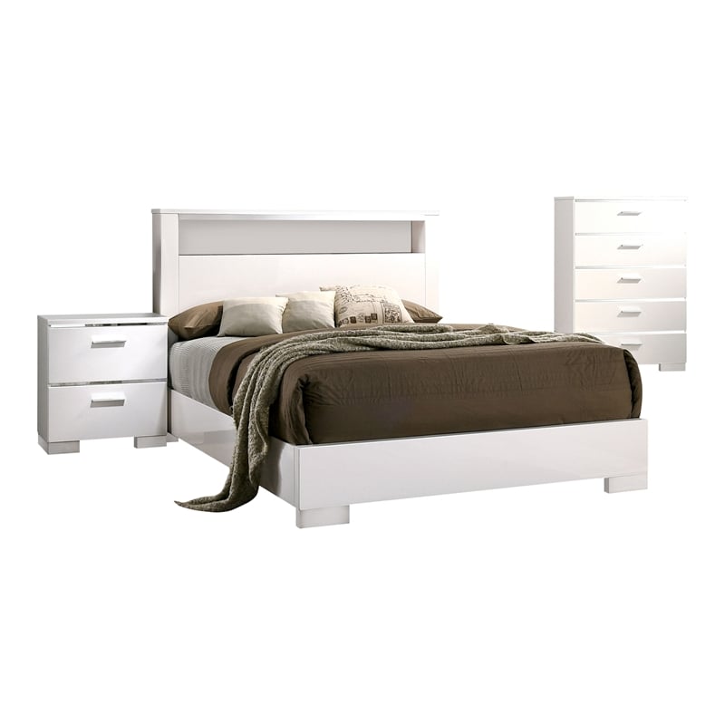 FOA Quaker Modern 3-Piece White Wood Bedroom Set - Queen + Nightstand + Chest