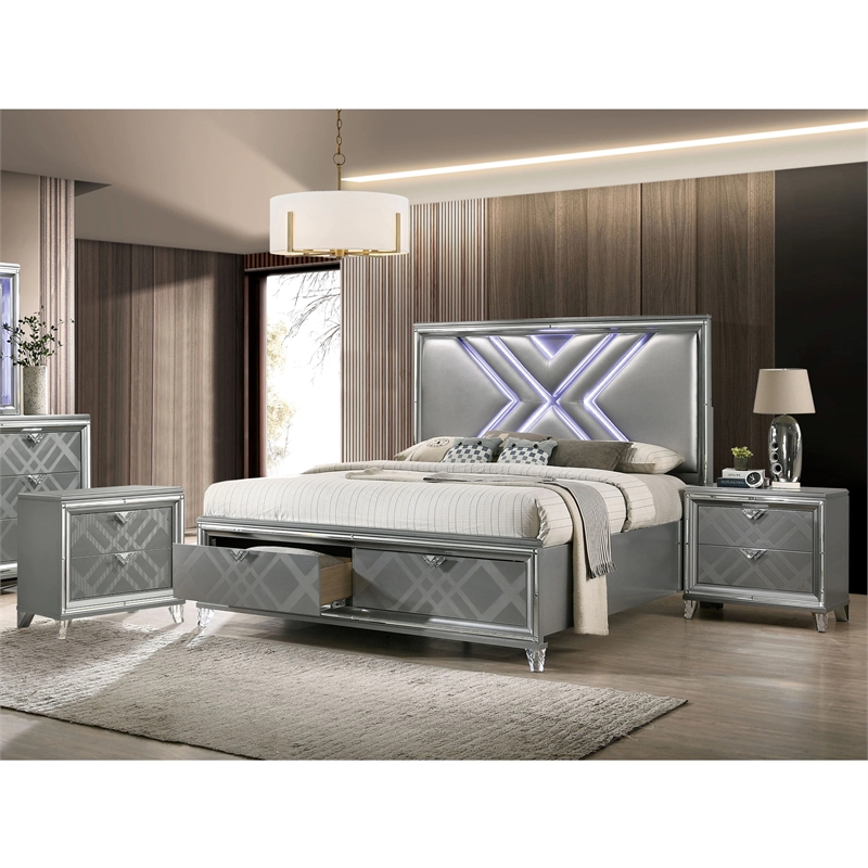 FOA Anaiya 3-Piece Silver Solid Wood Bedroom Set - Queen + 2 Nightstands