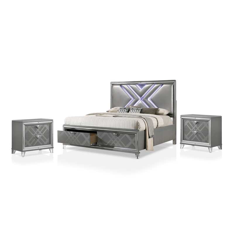 FOA Anaiya 3-Piece Silver Solid Wood Bedroom Set - Queen + 2 Nightstands