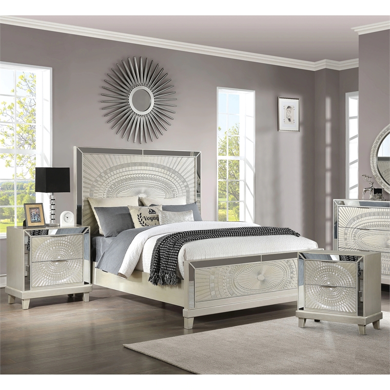 FOA Suie Glam 3-Piece Gold Champagne Wood Bedroom Set - King + 2 Nightstands