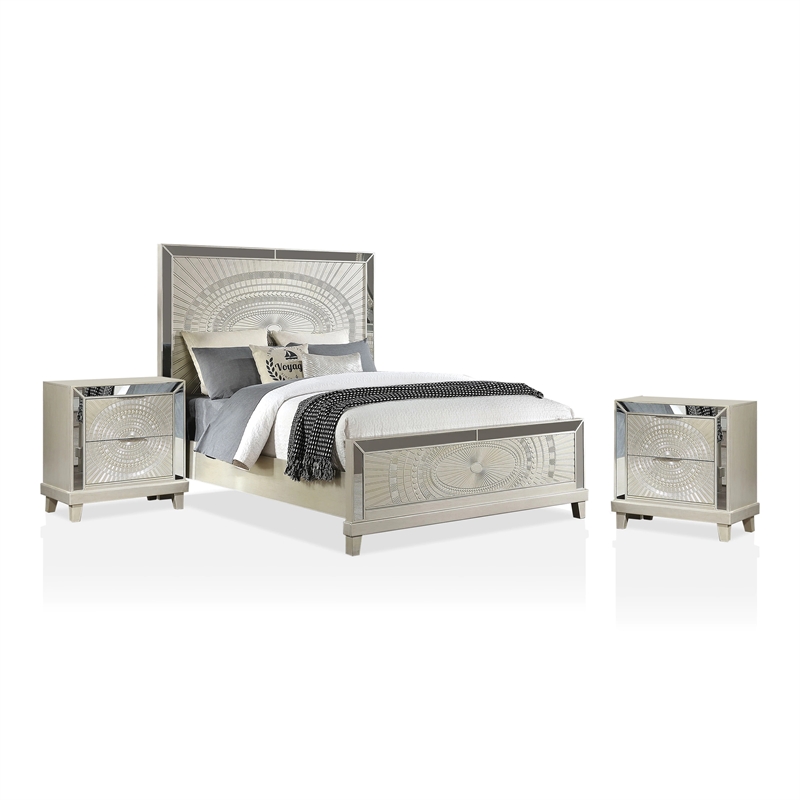FOA Suie Glam 3-Piece Gold Champagne Wood Bedroom Set - King + 2 Nightstands