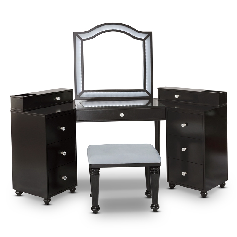 Furniture of America Laek Glam Wood 3-Piece Vanity Set in Obsidian Gray